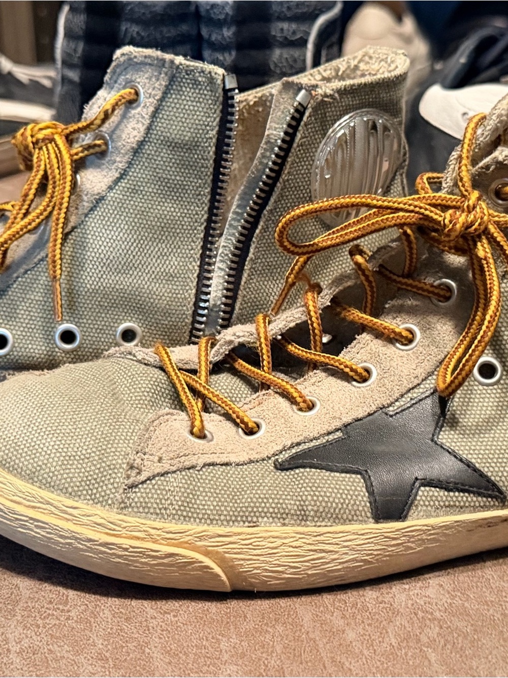 Golden Goose High-Top Sneakers in Olive with Yellow Laces